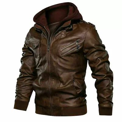 Men's Real Leather Motorcycle Biker Jacket With Removable Hood. • $189.99