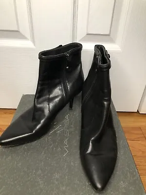 Via Spiga Boots 7 Madeline Calf Black Leather Boots Made In Italy 3” Heels • $49.99