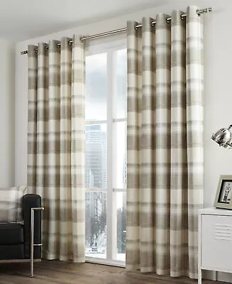 £0.99 • Buy Check Eyelet Ring Top Lined Curtains 100% Cotton Balmoral Natural
