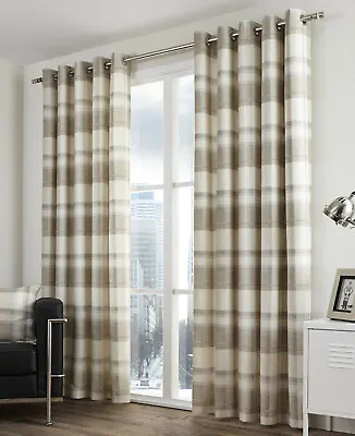 Check Eyelet Ring Top Lined Curtains 100% Cotton Balmoral Natural • £25.99