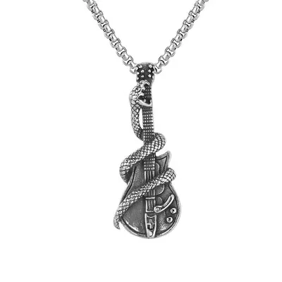 Stainless Steel Black Silver Snake Guitar Pendant Mens Women Chain Necklace UK • £3.99