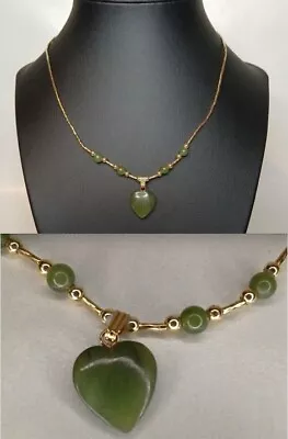Vintage Faux? Jade Heart Shaped Beaded Pendant With Gold Plated Necklace RARE • $22.95