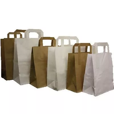 Brown White SOS Bags Takeaway Paper Bags With Handles For Food Stall Sweet Shop • £9.39