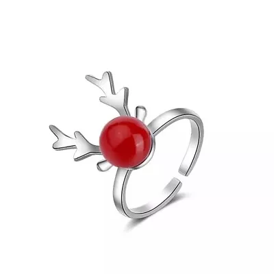 ZARD Christmas Reindeer Elk Red Bead Resizable Ring In Sterling Sliver • $11.82