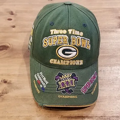 Vintage Green Bay Packers 3 Time Super Bowl Champion Hat Cap Strap Back Reebok • $13.27