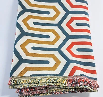 MCM Geometric Jacquard Upholstery Fabric 58 ×54  Orange Gold Ivory Teal Retro • $19.99