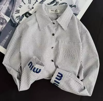 Lady New Miumiu Hot Diamond Embroidered Blue White Stripes Shirt • $25.10