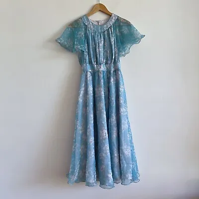 Vintage Floral Dress 60s 70s Sheer Blue Bridesmaid Formal Flutter Sleeve • $73.61