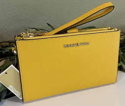 Michael Kors Jet Set Travel Double Zip Wallet Phone Case Wristlet Yellow Jasmine • $74.99