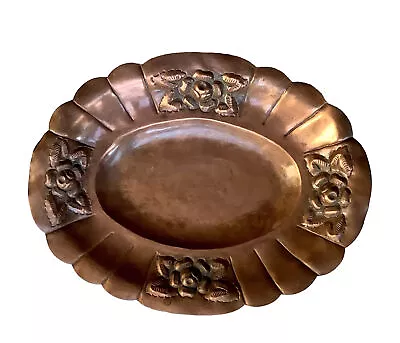 Unusual Vintage Floral Embossed Copper Oval Plate Mexico Signed R.M. • $32.50