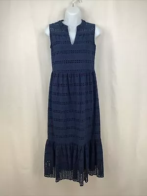 Vilagallo Dress Navy Cotton Embroidered Lined Sleeveless Size 36 US 6 Bohemian • $24.90