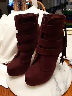 Just Fab Burgundy Velvet Suede Ankle Boots Zip Up Straps & Tassel Accents  • $14.95