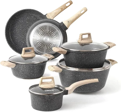 $79 • Buy Carote Nonstick Pots And Pans Set, 10 Pcs Granite Stone Kitchen Cookware Black