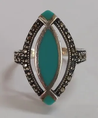 Estate Jewelry Turquoise Marcasite Ring .925 Sterling Silver Size 7.5 • $44.95