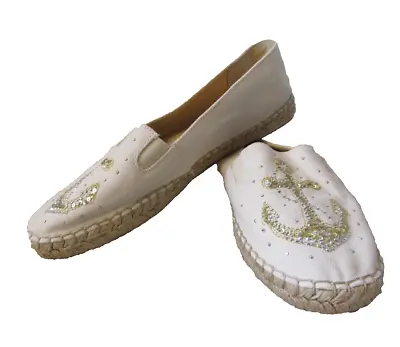 Quaker Factory Off White Espadrille Shoes W/Sequin Anchor Coastal Accent 7.5 M • $24.95