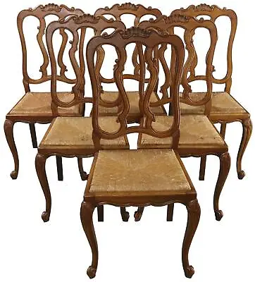 Dining Chairs Louis XV Rococo Vintage French 1950 Oak Rattan Charming Set 6 • $2429