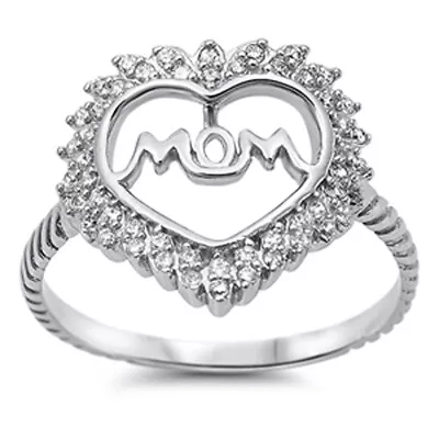 Heart Love MOM White CZ Fashion Ring New .925 Sterling Silver Band Sizes 4-10 • $19.79