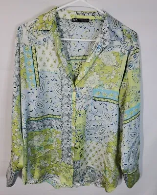 ZARA Button Up Shirt Women's Size Medium Paisley Silky Collared V-neck • $23.50