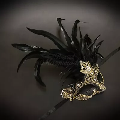 Women's Feather And Lace Mardi Gras Carnival Masquerade Mask [Black/Gold] • $32.95