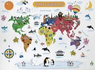 NEW 44” X 36” Kids Map Of The World W/Cartoon Animals Wall Sticker Vinyl Decals • £32.76