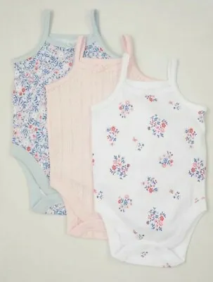 £7.99 • Buy Nutmeg Baby Girls Cami Vests Bodysuits 3 Pack Strappy Pink Sleeveless Floral NEW