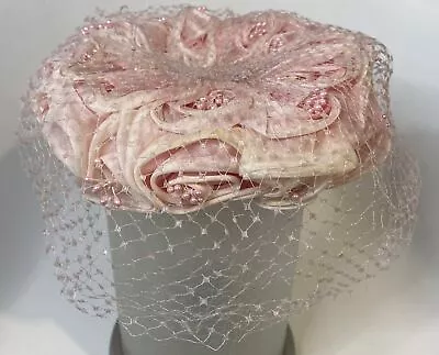 Vintage “Coralie” 50s Pink Flower Veil Netted Ribbon Women Hat Spring Easter. • $19