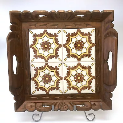 Vintage Hand Carved Wood Mexican Tile Square Serving Tray • $24.50