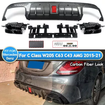 B STYLE LED BUMPER DIFFUSER + Carbon EXHAUST TIPS FOR 15-21 BENZ W205 C63 C43 • $424.99