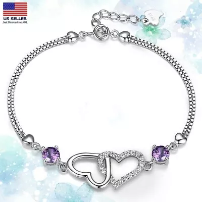 Fashion Women 925 Sterling Silver Wrist Chain Crystal Hollow Heart Bracelet Gift • $6.99