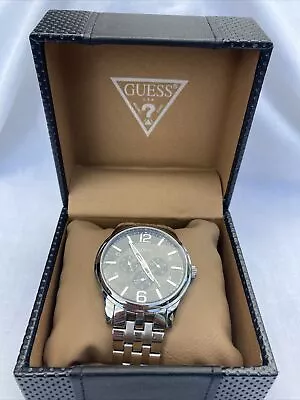 Guess Men's U11685G2 Silver Stainless-Steel Quartz Watch With Black Dial Boxed • £150