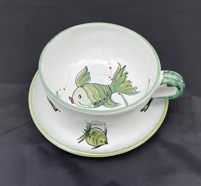 Italian Majolica Cup Saucer Oversized Hand Painted Fish Chowder Bowl Green White • $25