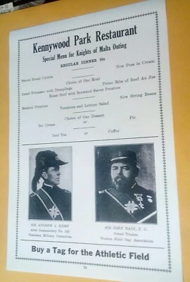 $4.90 • Buy 1915 Kennywood Amusement Park Restaurant Menu 50c Knights Of Malta Pittsburgh PA
