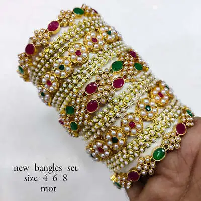 Bollywood Indian Green Red Pearl Gold Plated Bridal Bangle Set Wedding Jewelry • $27.56