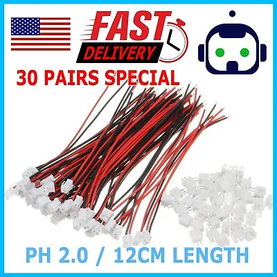 30 SET JST 2.0mm PH 2-Pin Female Connector Plug With Wire 26AWG & Male Connector • $7.99