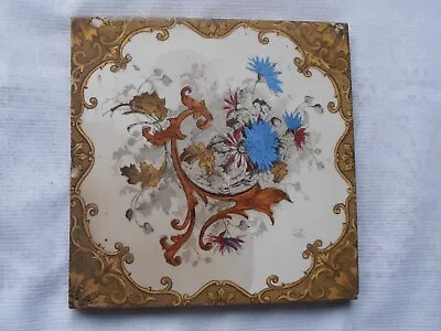 Old Victorian / Edwardian Brown Blue + Floral  Patterned Tile Approx 6  X 6  • £11.95