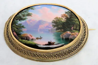 BEAUTIFUL 1830's 18K GOLD FRAME LAKE BRIENZ GENEVE PAINTING PORCELAIN BROOCH • $1675