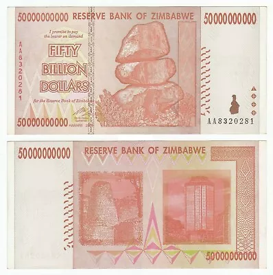 Zimbabwe Currency 50 Billion Dollars Banknote  2008 Circulated EF To AUNC • $9.50