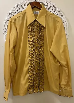 Vtg 60s 70s Yellow Ruffle Tux Men’s Prom Shirt Size L With Cuff Links Exc. Cond. • $55