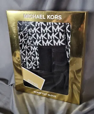 Michael Kors 3 Piece Scarf Hat Glove Boxed Set Black W/MK Logo FREE SHIPPING! • $54.77