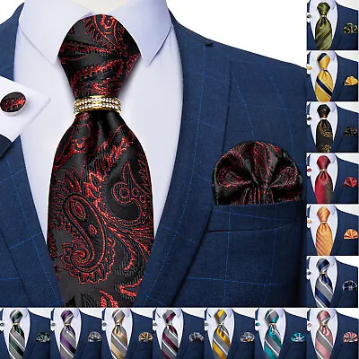 Silk Mens Tie Set Necktie Pocket Square Cufflinks Ring Optional Wedding Party UK • £5.39