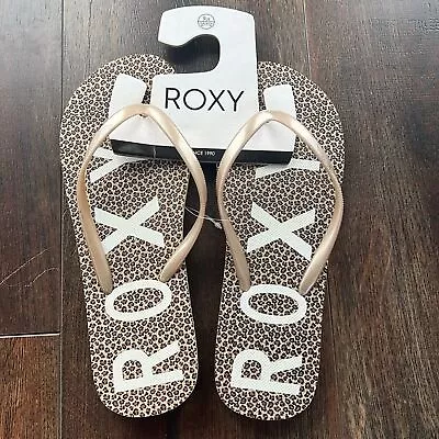 Roxy Size 9 Flip Flop Sandals Starfish V Leopard Cheetah Animal Print Gold NWT • $14