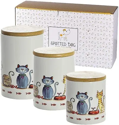 £29.99 • Buy Ceramic Storage Jars Kitchen Tea Coffee Sugar Canisters Bamboo Lid Cat Gift