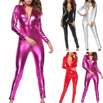 $28.10 • Buy Ladies Faux Leather PVC Catsuit Jumpsuit Wetlook Bodysuit Zipper Crotch Clubwear