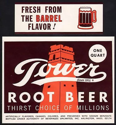 Vintage Soda Pop Bottle Label TOWER ROOT BEER Arlington Mass New Old Stock Nrmt+ • $5.59