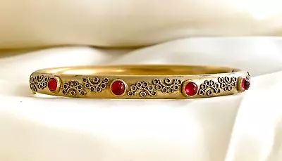 Antique Victorian Yellow Gold Filled Ruby Red Stones Bangle Bracelet PRST CO. • $52