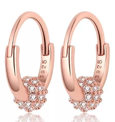 Rose Gold Hoop Earrings With CZ Bead S925 Sterling Silver By Charm Heaven NEW • $26.95