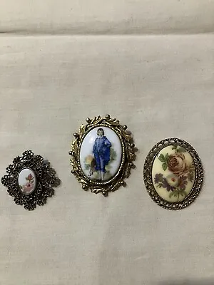 Vintage Porcelain Pin Brooch Pendant Lot Hand Painted Flowers • $9.99