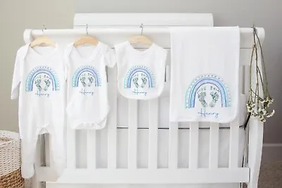 New Baby ~Gift~*Baby Gro *Set *Personalised ~Blue  Baby Feet Rainbow • £6.99