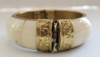 Vintage Brass & Bone Hinged Pinned Cuff Bracelet Costume Jewelry • $19