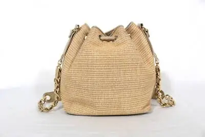 CHANEL Drawstring Bucket Bag Beige Leather & Straw CC Logo Gold Chain Authentic • £461.83